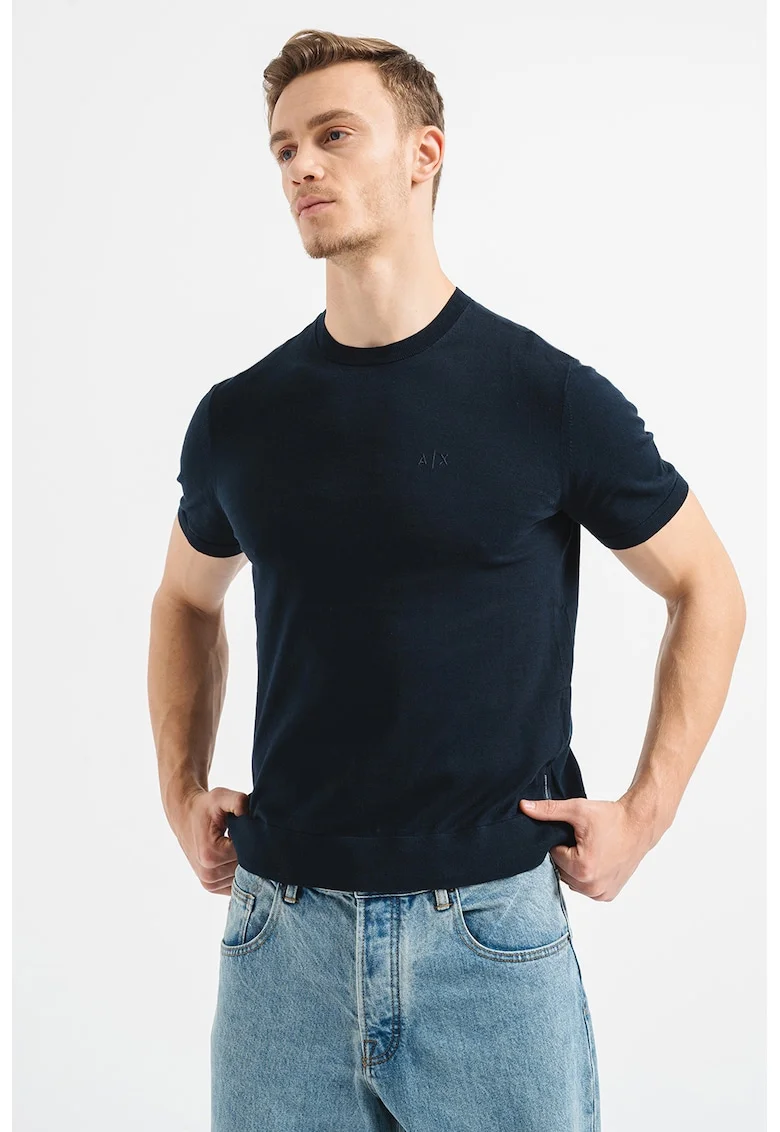 Tricou de bumbac cu decolteu la baza gatului, Bleumarin