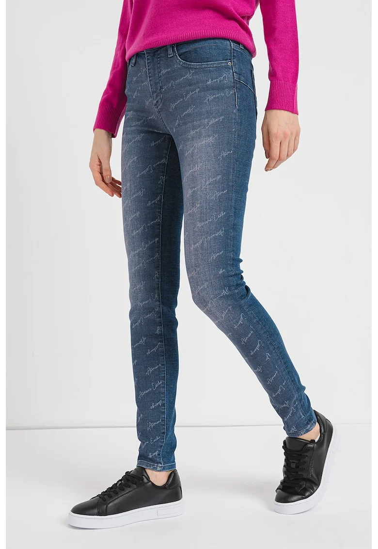 Blugi super skinny cu imprimeu logo, Albastru