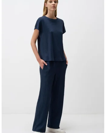 Pantaloni cu croiala ampla si model texturat, Bleumarin