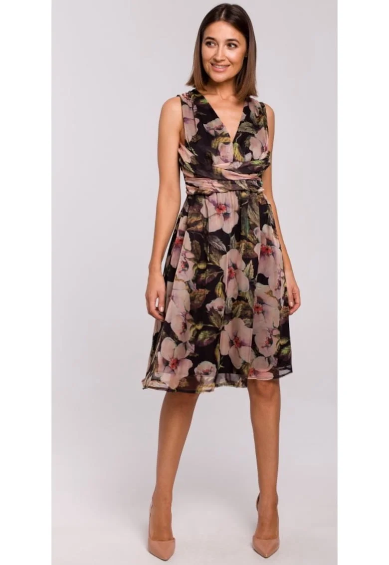 Rochie cu decolteu si model floral,  Poliester, Negru/Roz