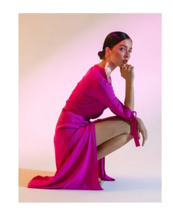 Rochie dama, midi cu mansete legate, Poliester, Rosu, Liliac