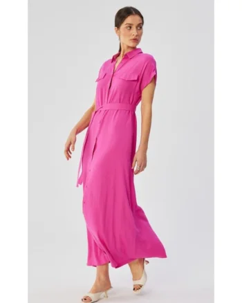 Rochie dama, maxi cu maneci scurte si maneci deschise, Poliester, Rosu, Liliac