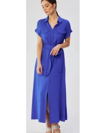 Rochie dama, maxi cu maneci scurte si maneci deschise, Poliester, 54895, Albastru