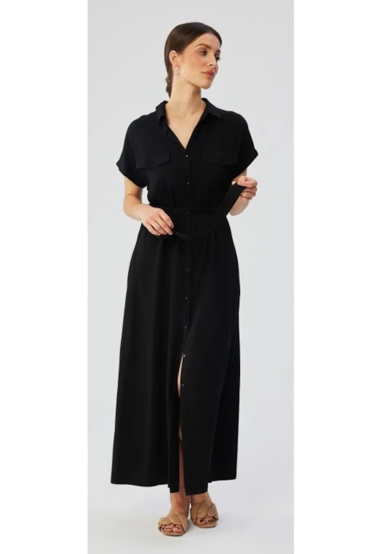 Rochie dama, maxi cu maneci scurte si maneci deschise, Poliester, Negru, Negru