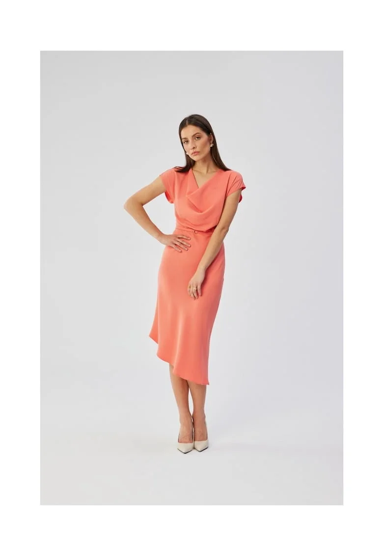 Rochie dama, asimetrica cu decolteu in cascada, Poliester, 65487, Portocaliu