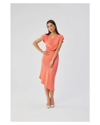Rochie dama, asimetrica cu decolteu in cascada, Poliester, 65487, Portocaliu