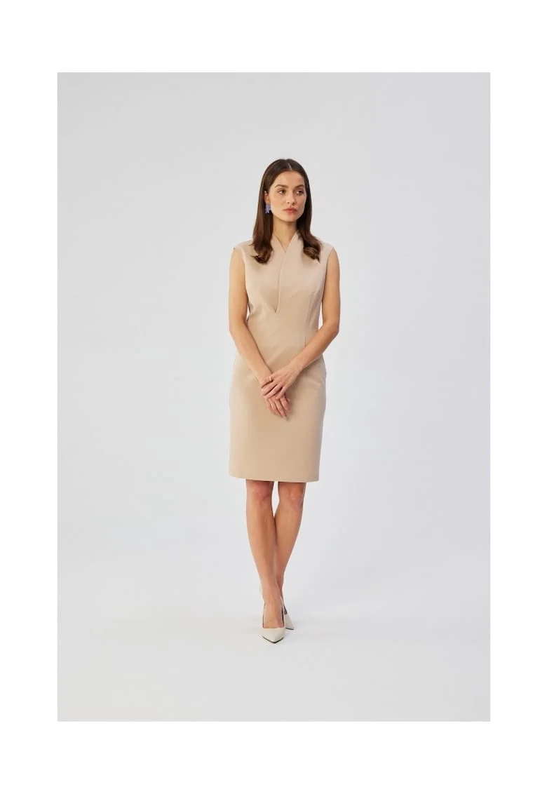 Rochie dama, cu un decolteu cu suprapunere fina, Poliester, Bej, Bej