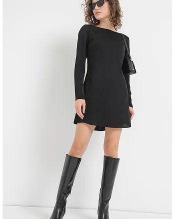 Rochie cu imprimeu logo si decolteu barcuta, Negru