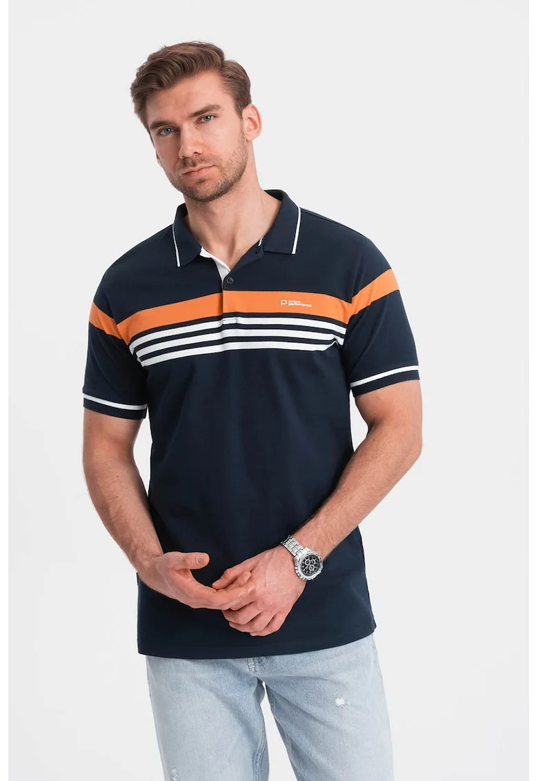 Tricou polo de bumbac, Alb/Portocaliu/Bleumarin