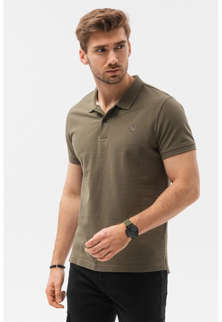 Tricou polo din bumbac cu model pique, Verde masliniu inchis