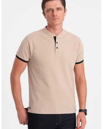 Tricou de bumbac cu fenta cu nasturi, Bej