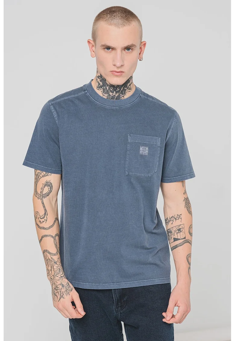 Tricou de bumbac cu decolteu la baza gatului, Albastru inchis