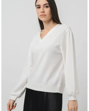 Bluza lejera regular fit cu decolteu in V, Alb optic