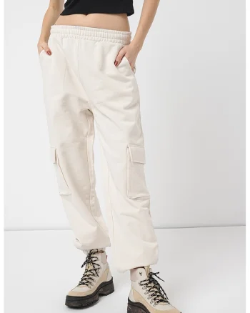Pantaloni cargo de trening cu snur, Alb murdar