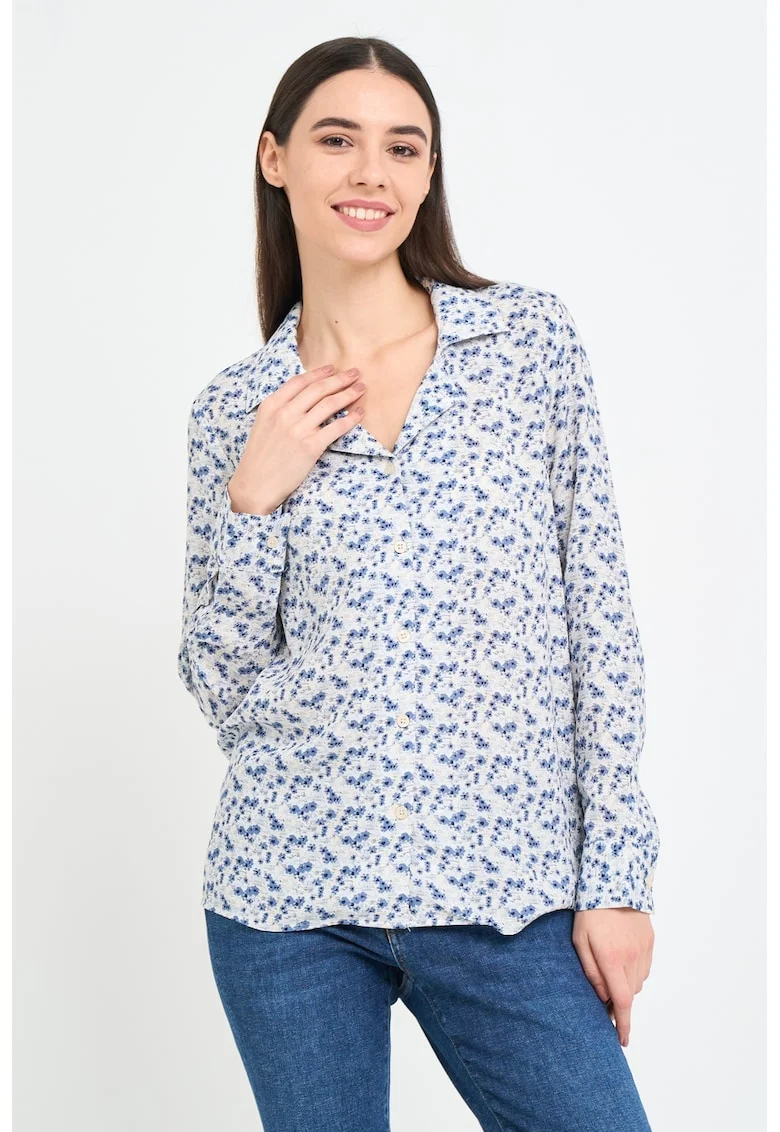 Camasa cu model floral si decolteu in V, Alb/Albastru inchis