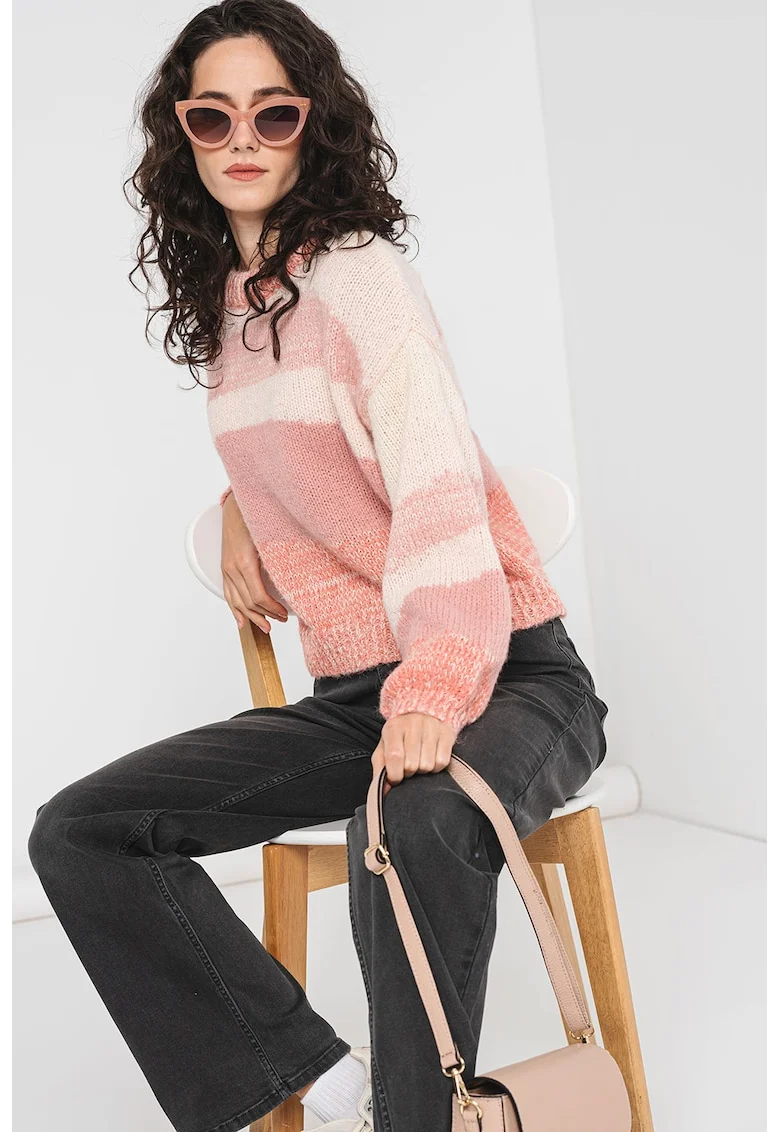 Pulover cu model in dungi Jenny, Alb fildes/Roz somon