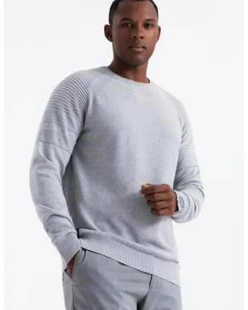 Pulover cu decolteu la baza gatului si maneci raglan, Gri deschis melange