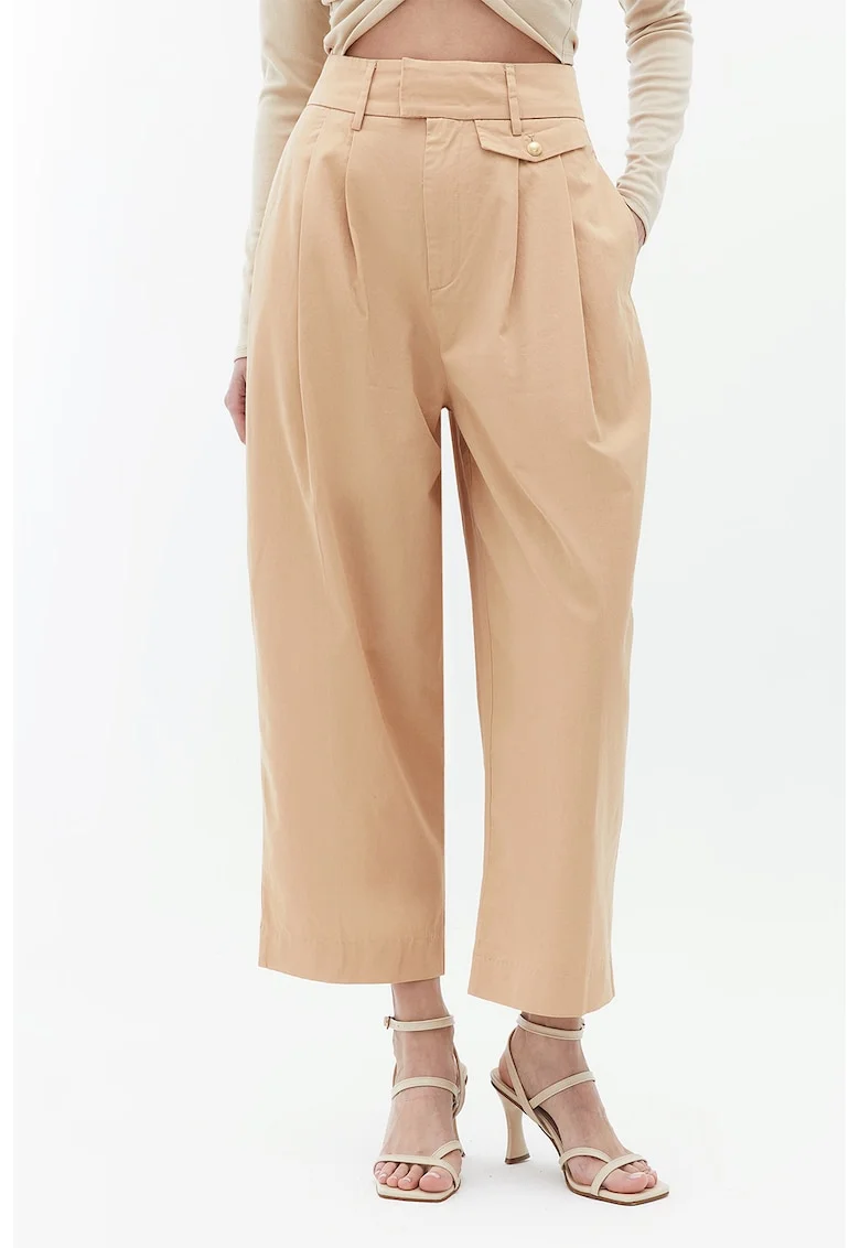 Pantaloni relaxed fit cu talie inalta, Bej deschis