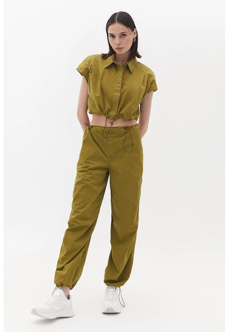 Pantaloni relaxed fit cu talie si terminatie ajustabile, Verde masliniu