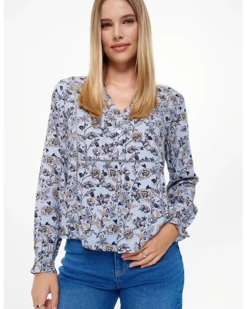 Bluza cu model si decolteu in V, Albastru lavanda/Bej/Bleumarin