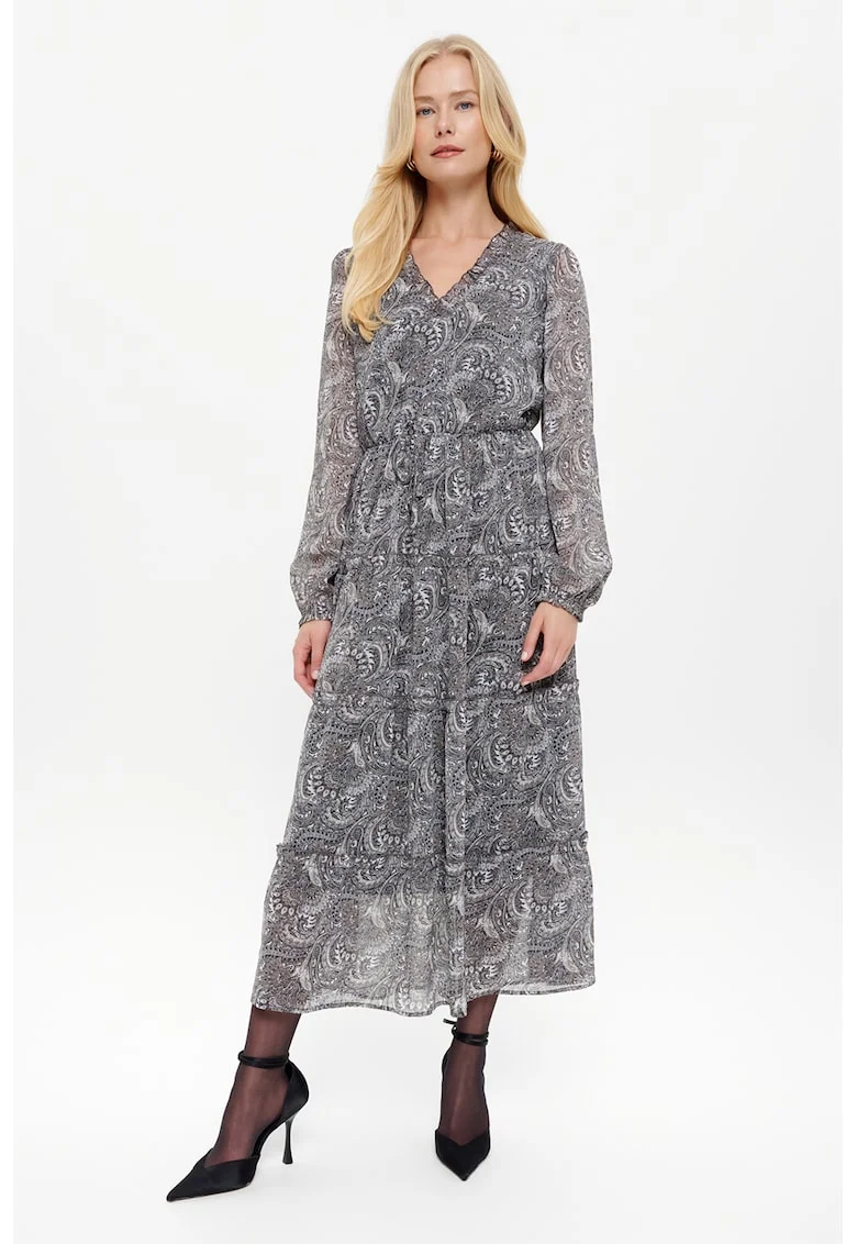 Rochie cu decolteu in V si imprimeu paisley, Gri/Alb murdar/Grej