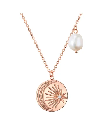 Colier placat cu aur de 18K si decorat cu pandantiv de cristal si perla de cultura, Auriu rose
