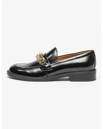 Pantofi loafer din piele ecologica cu detaliu din lant, Auriu/Negru