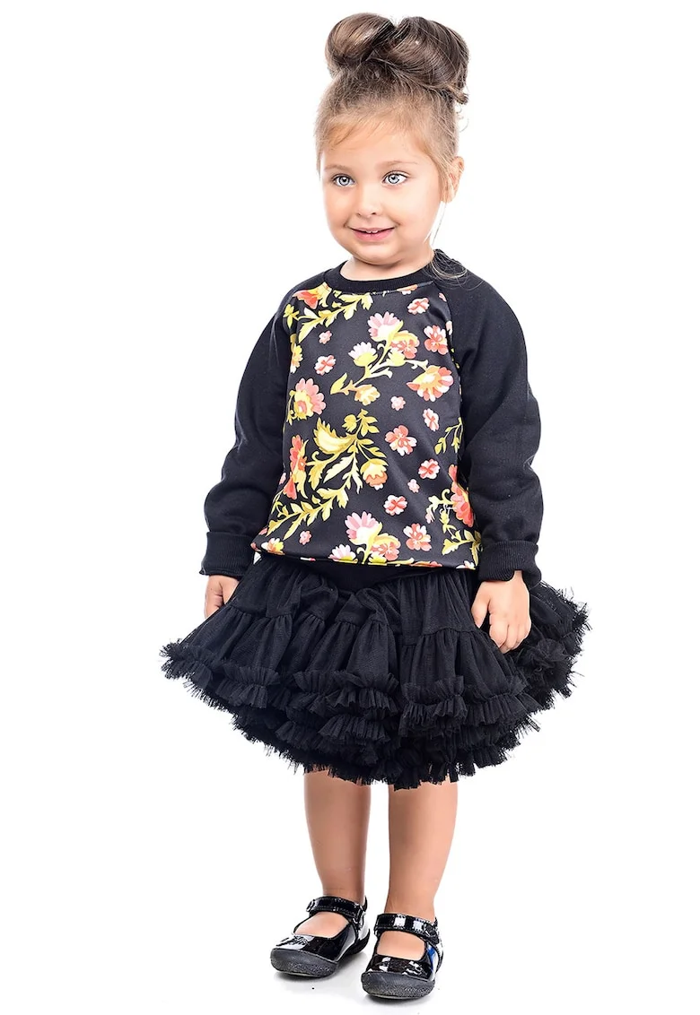 Bluza de trening cu imprimeu floral si maneci raglan, Negru/Galben