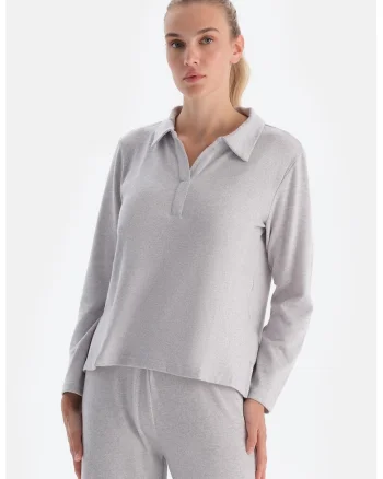 Bluza cu guler polo, Gri deschis