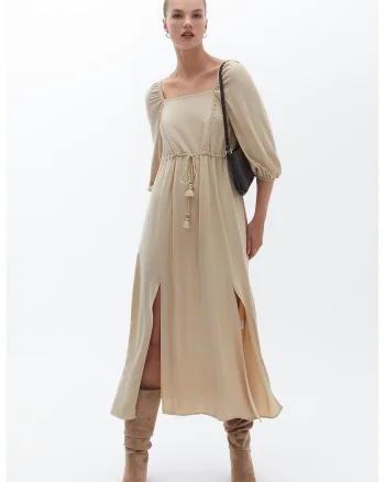 Rochie midi lejera cu decolteu patrat, Kaki