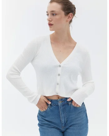 Cardigan tricotat fin cu decolteu in V, Alb