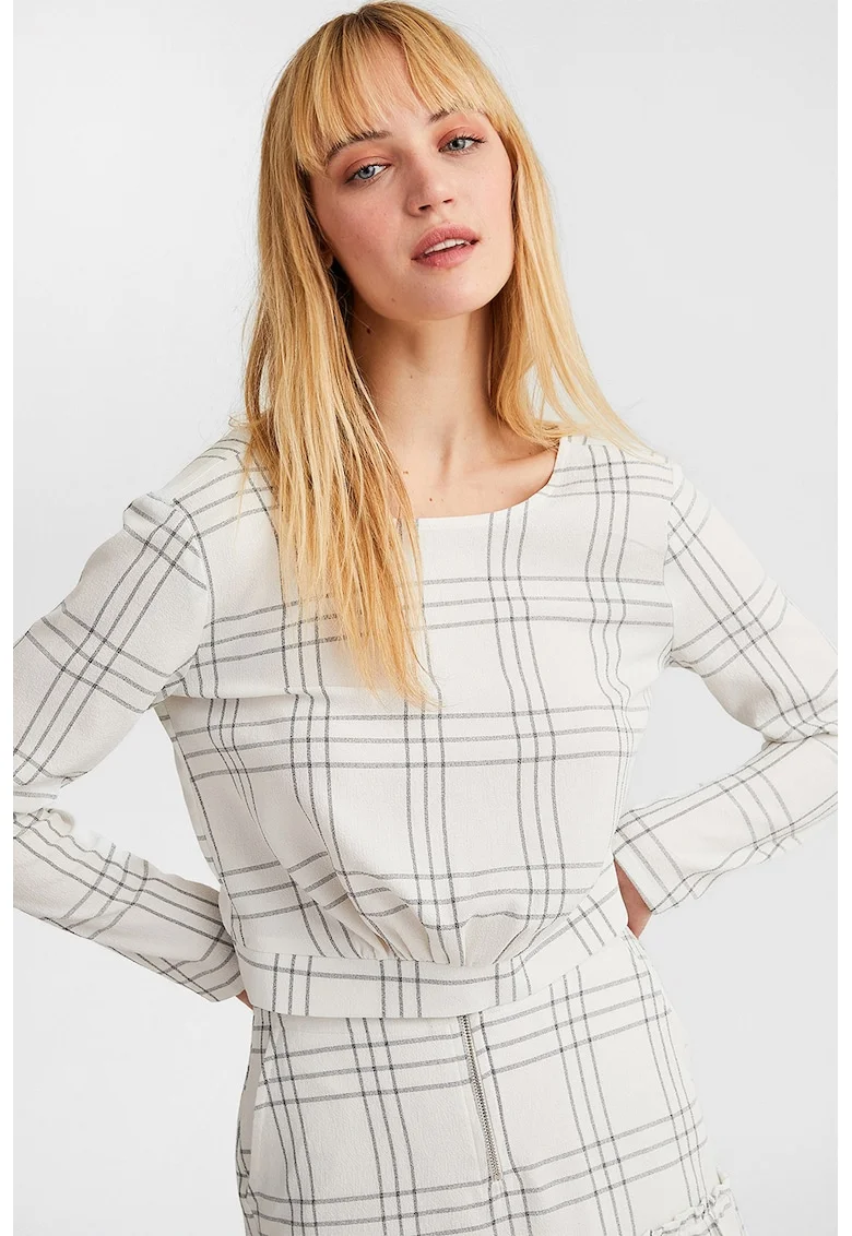 Bluza crop cu model in carouri, Alb fildes/Gri carbune