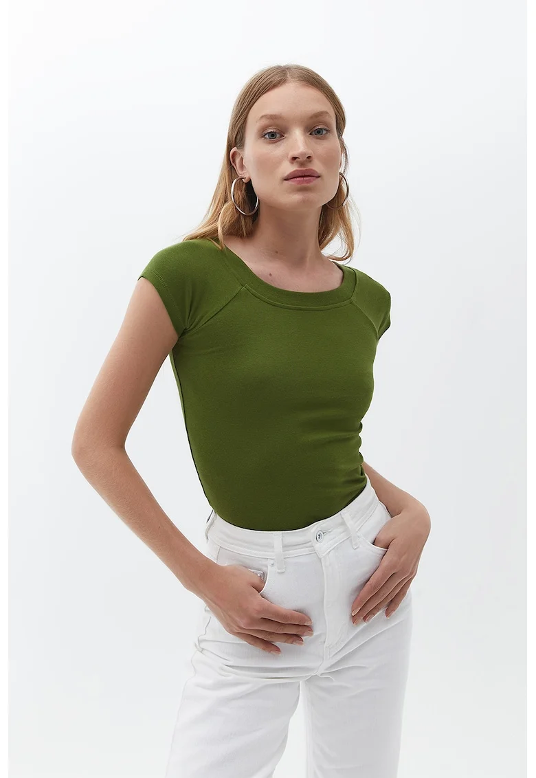 Tricou din amestec de bumbac cu decolteu la baza gatului, Verde inchis