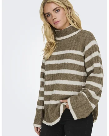 Pulover lejer cu model in dungi Miley, Alb/Kaki