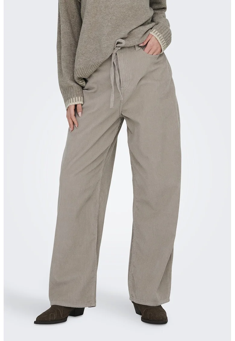 Pantaloi din reiat cu snur in talie, Grej