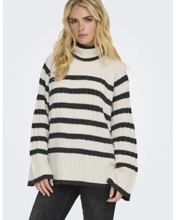 Pulover lejer cu model in dungi Miley, Alb/Negru