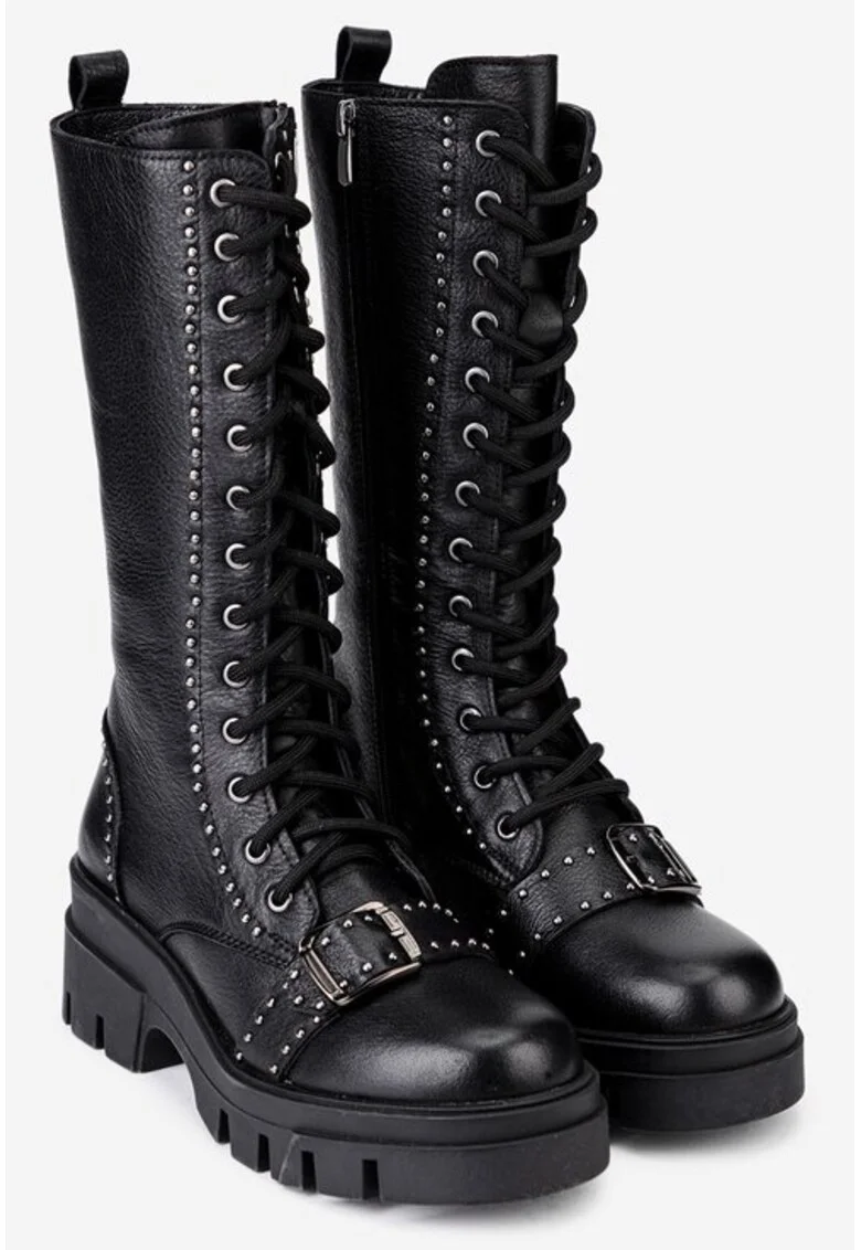 Ghete dama inalte din piele neagra accesorizate cu bumbi, Negru