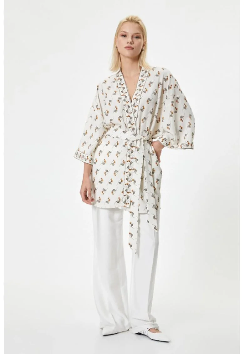 Chimono cu decolteu in V si model floral, Alb fildes/Portocaliu inchis/Kaki inchis