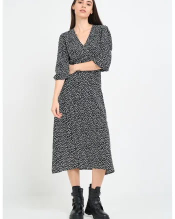 Rochie cu imprimeu si decolteu in V, Alb/Negru