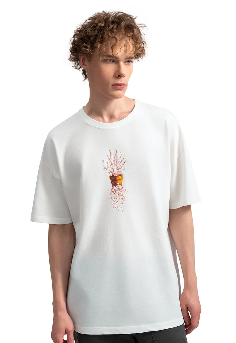 Tricou lejer unisex cu imprimeu, Rosu stins/Alb murdar