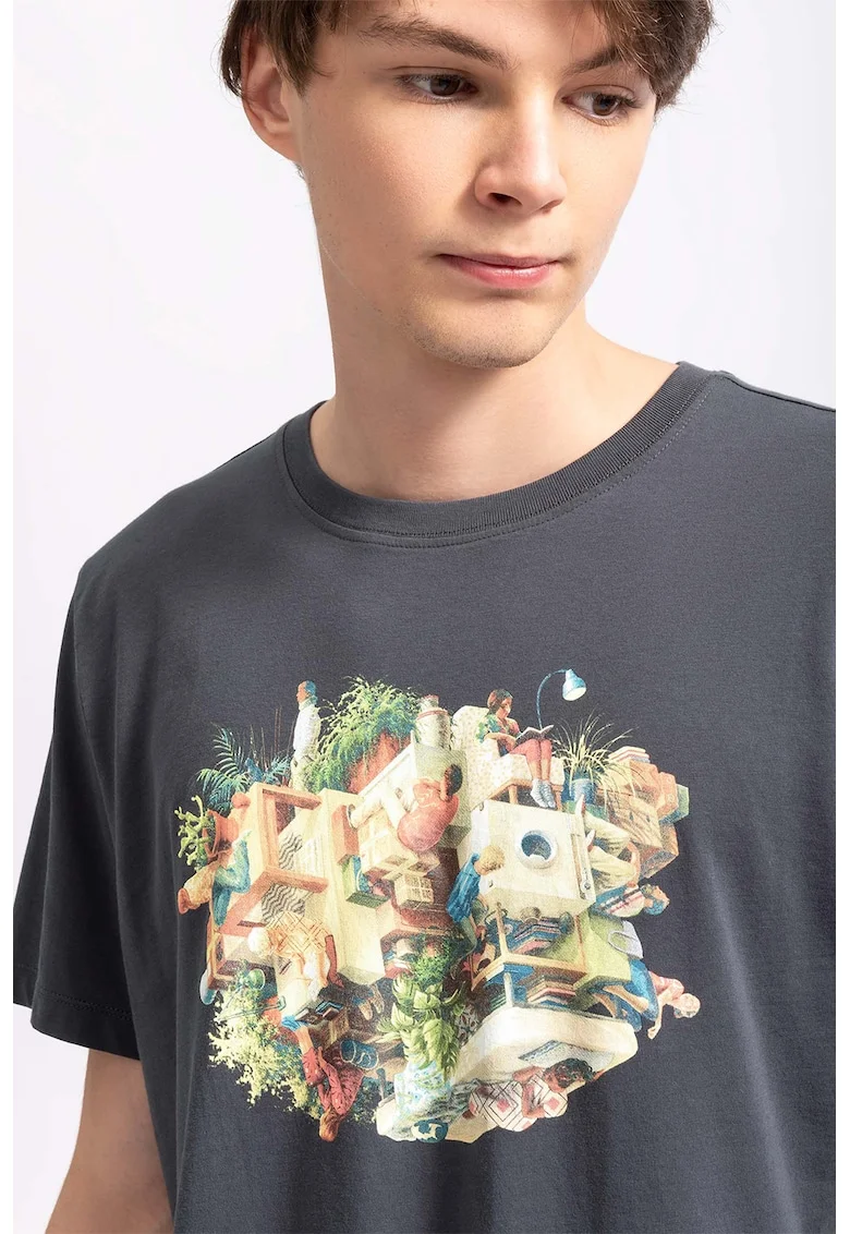 Tricou unisex supradimensionat, Albastru pastel/Bej/Negru stins