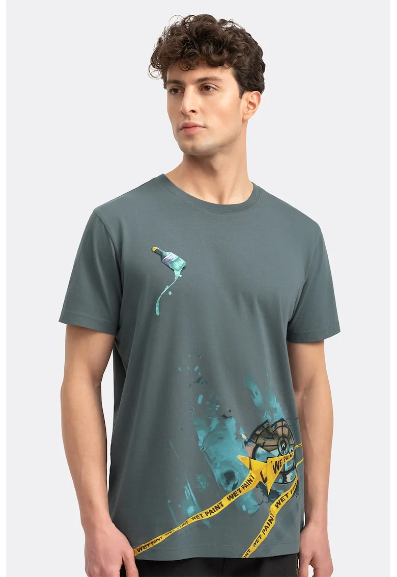 Tricou unisex cu imprimeu, Albastru prafuit/Galben sofran/Albastru petrol