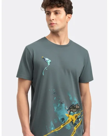 Tricou unisex cu imprimeu, Albastru prafuit/Galben sofran/Albastru petrol