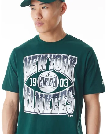 Tricou cu imprimeu si decolteu la baza gatului New York Yankees, Verde englez/Bleumarin
