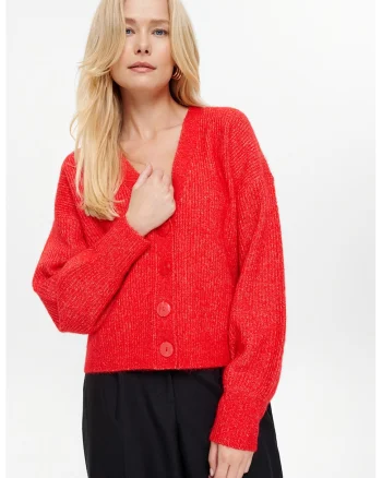 Cardigan din amestec de lana cu decolteu in V, Rosu