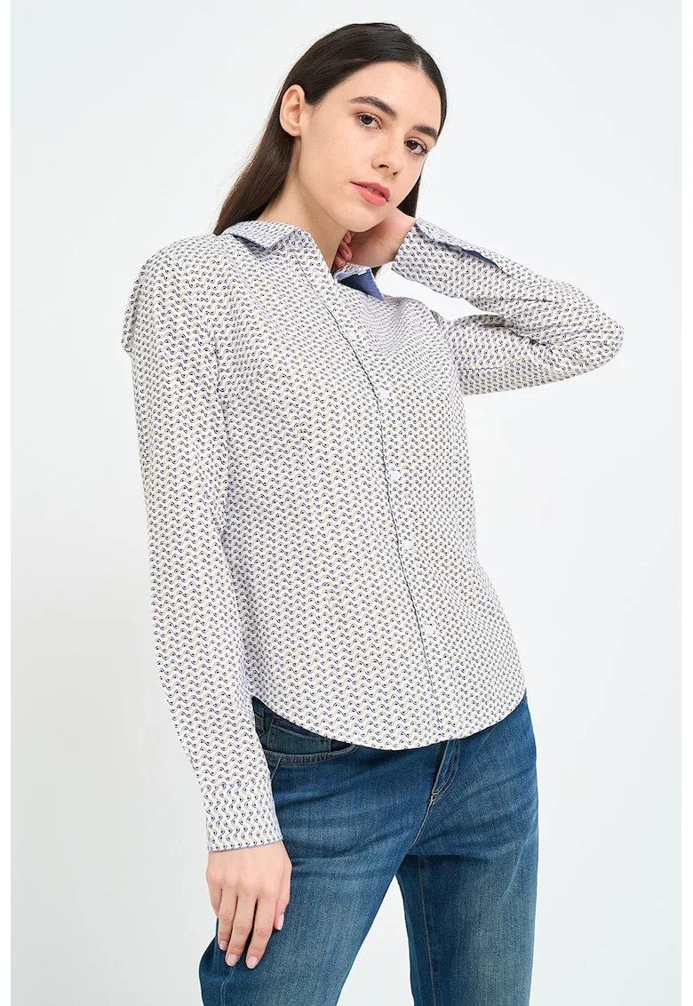 Camasa cu model si guler ascutit, Alb/Albastru ultramarin/Maro deschis