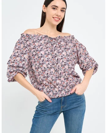 Bluza cu decolteu pe un umar si imprimeu floral, Multicolor
