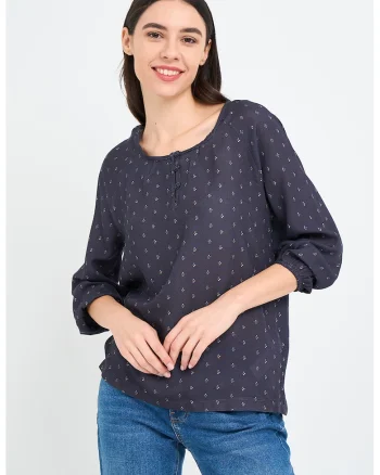 Bluza cu model si fenta cu nasturi, Alb/Albastru ultramarin/Portocaliu stins