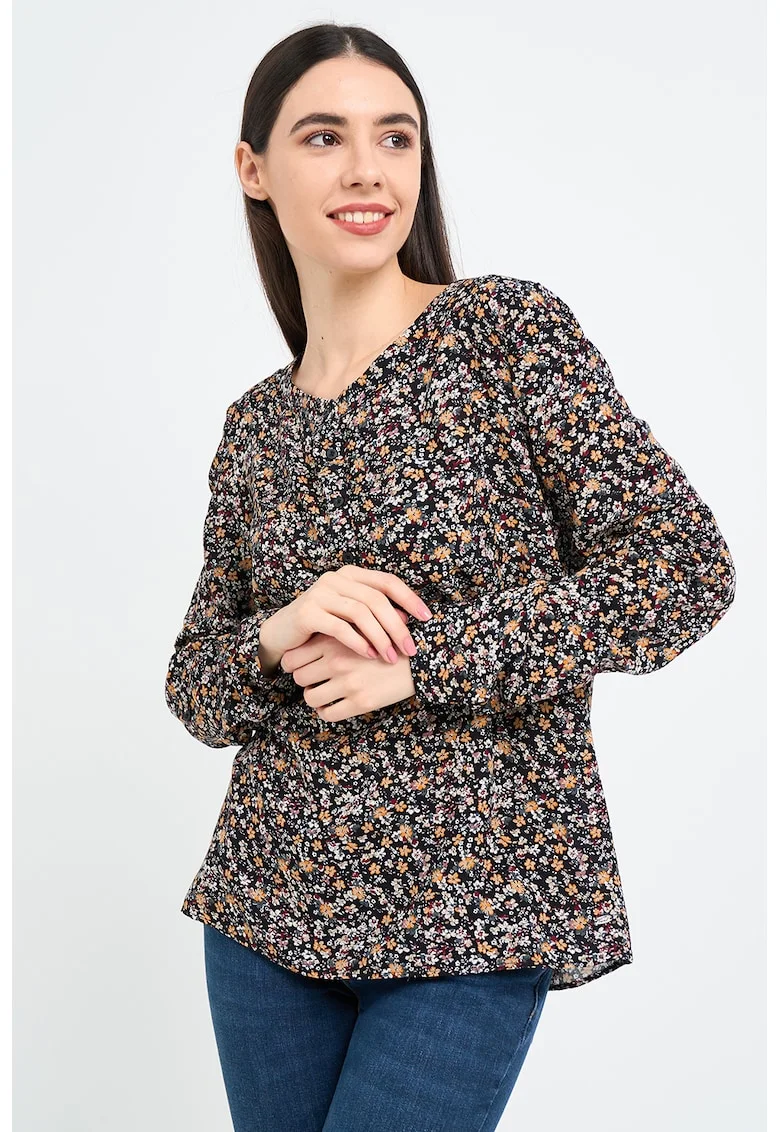Bluza cu imprimeu floral, Alb/Negru/Portocaliu