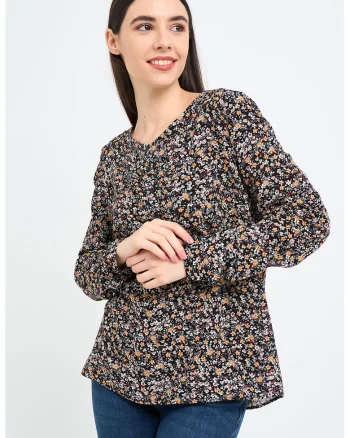 Bluza cu imprimeu floral, Alb/Negru/Portocaliu